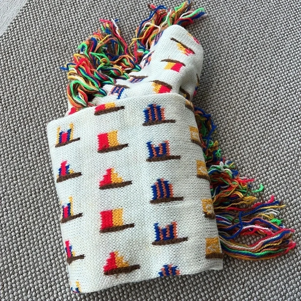 Vintage 70’s Rare Colorful Flag Novelty Print Scarf. Woven. Fringe.